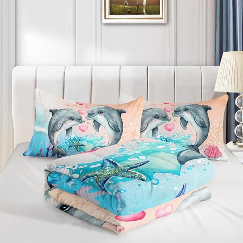 Image of AILONEN Dolphin Comforter Set Queen Size, Kawaii Jumping Dolphin Bedding Set for Kids Girls,Ocean Theme Bed in a Bag Duvet Set,3 Pieces,1 Quilt and 2 Pillowcases,Soft Microfiber