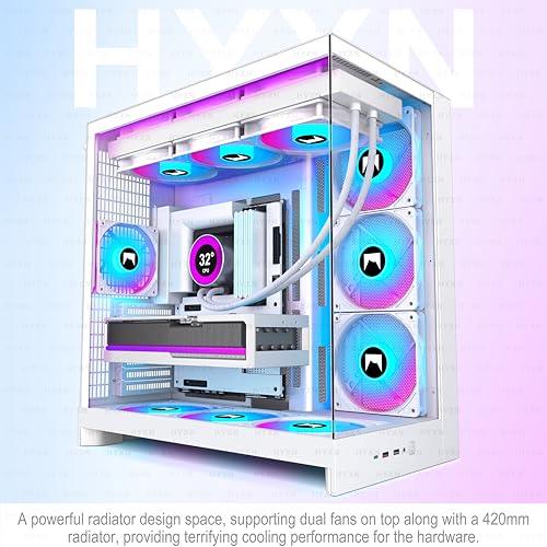 Image of H2 (2026) HYXN ATX PC Case, Pre-installed 8 PWM ARGB Fans (6X140mm,2X120mm), Large Dual-Chamber ATX Mid-Tower Airflow Computer Case, Gaming PC Case, 420mm Radiator Support, Type-C 3.2 (White RGB)