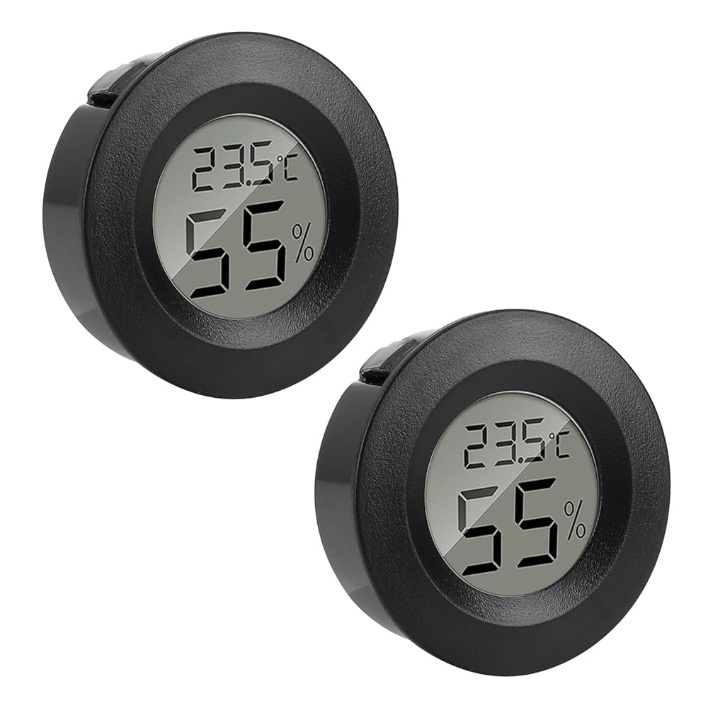 2 Pcs Reptile Thermometer Hygrometer, Round Monitor Humidity Meter Temperature Gauge Monitor LCD Digital Display for Spider Tortoise Tank Greenhouse Basement Lizard Dehumidifiers Humidifiers (Black)