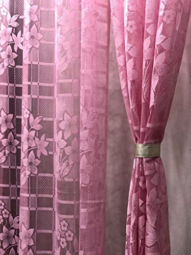 Image of Fabrilia Heavy Polyester Net Semi Sheer Fancy Grommet Curtains, Floral Design, Pink, Window- 4 Feet X 5 Feet, Pack Of 2 Pcs