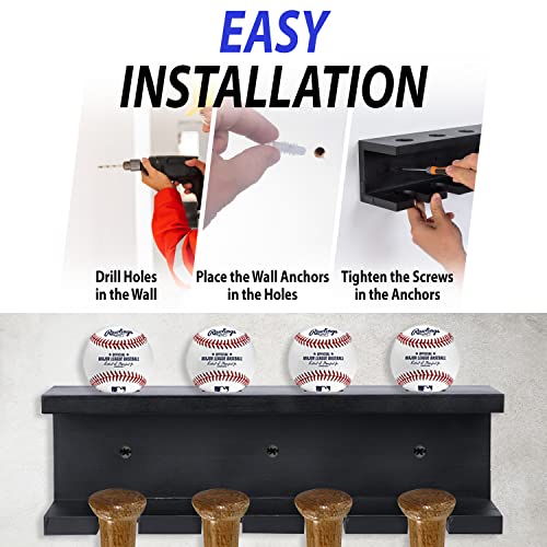 Bequest Sporting Goods Bequest Baseball Bat Rack Wall Mount & Ball Storage Rack - Black Wooden Softball & Baseball Bat Shelf & Ball Rack, Decorative #TOP7