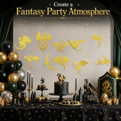 Image of Sumind 30 Pcs Dragon Hanging Swirls Party Decorations, Gold Dragon Ceiling Hanging Decor for Medieval Fantasy Themed Birthday Party Supplies, 10 Designs