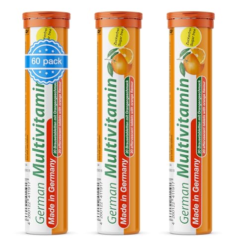 German Multivitamin Brausetabletten 60 Stk. Orangengeschmack - Vitamin C E B1 B2 B6 B12 Biotin Folsäure Niacin Pantothensäure T&D Pharma German Multivitamin Made in Germany