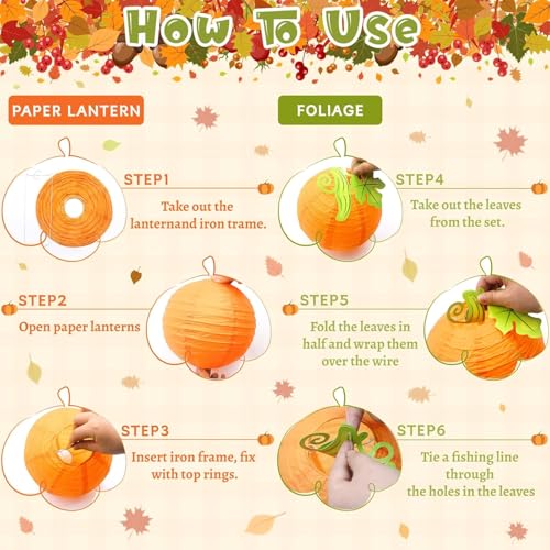 Image of 12Pcs Fall Thanksgiving Pumpkins Decorations Orange Paper Pumpkin Ball Decorations Lanterns Unique Design Perfect for Halloween Jack O Lantern Classroom Kitchen Party Indoor Outdoor