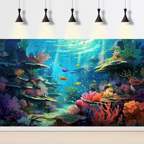 Image of Under The Sea Aquarium Background Tropical Sea Underwater Terrarium Background Oceanarium Colorful Marine Panorama Fish Tank Backdrop Ocean Underwater World with Sunbeams Background Poster 60x24in