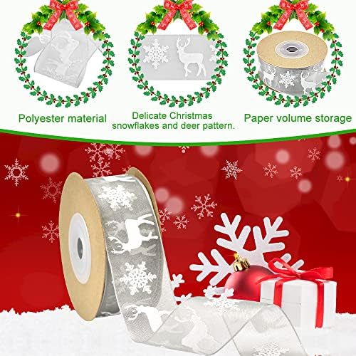 FIGFYOU 2 Rolls Christmas Ribbon, 20M/22 Yards Christmas Organza Ribbons Snowflake Elk Xmas Wrapping Ribbon Red & White Gift Wrapping Ribbon for Gift Wrapping/Crafts/Wreaths/Bows/Cards/Xmas Tree