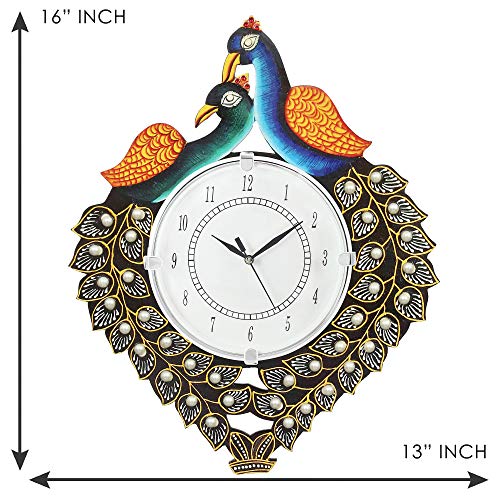 Image of Wooden Peacock Design Wall Clock Antique Round Analog Decorative Clock for Home & Office (13 x 16 Inch)