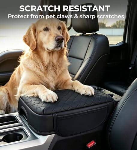 Image of Center Console Cover for Ford F250 /F350 /F450 /F550 Super Duty 2026 2025 2024 2023, Fits Bucket Seat Only, 1.2-Inch Thick PU Leather Armrest Cushion Protector with 2 Side Pockets, Black