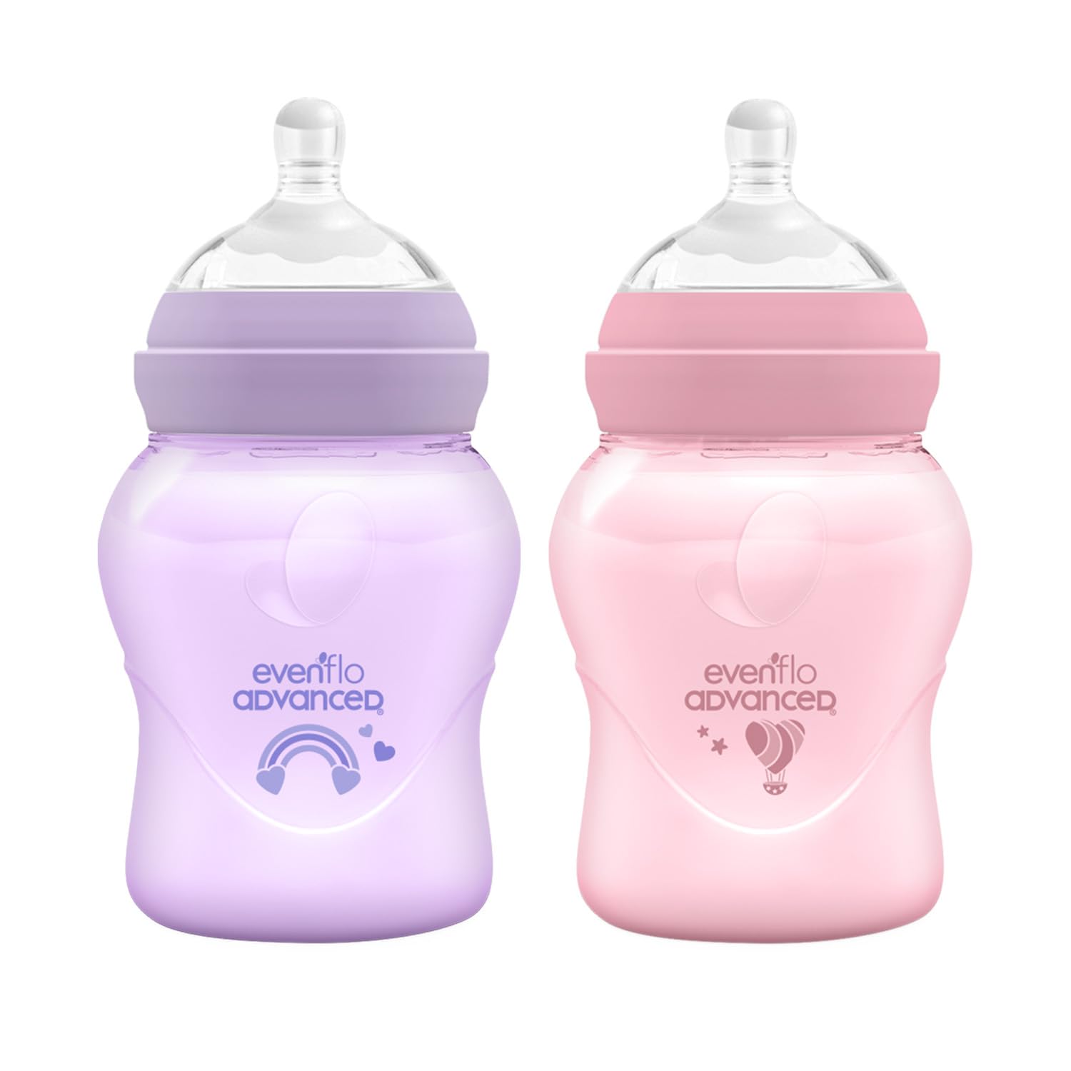 Evenflo Advanced Biberón Anticólicos Avanzado, Cuello Ancho, Rosa y Lila, Silicón Grado Alimenticio, 150ml, Sistema Doble Válvula, Flujo Lento, para Bebés 0-3 Meses, Paquete de 2 Piezas Bebé