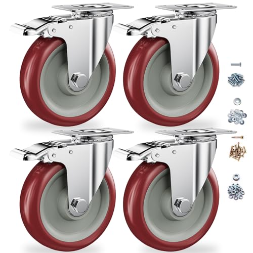 5 Inch Heavy Duty Casters with Brake - Set of 4, 1400lbs Capacity, Double Ball Bearing Non-Marking Caster Wheels, Plate Mount for Furniture, Cart, Workbench, Tool Cabinet, Garage Storage (4 Pack)