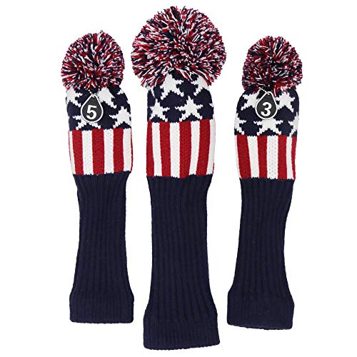 SEACLOUD 3pcs Knitted Golf Club Head Covers for Driver and Fairway Woods Headcovers Set (Argyle/Stars and Stripes Pattern) Black and Red