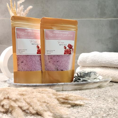 Image of Happishades Bath Salt | For Body & Foot Spa, Calming, Relaxing, Muscle Aches Pain Relief, Aromatherapy | Pure & Natural Epsom, Sea Salt & Essential Oils - 200 grams (Rose x 2)