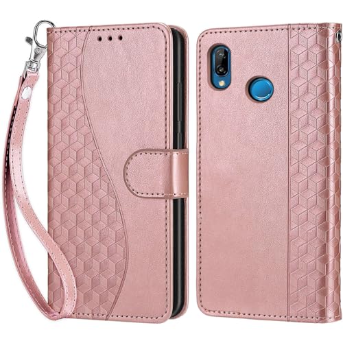 Funda para Huawei P20 Lite Carcasa, Fundas para Huawei P20 Lite Funda Libro con Tapa Piel Case Flip Cuero,Cierre Magnético Antichoque - Oro Rosa