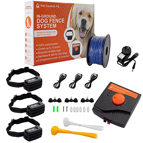 Wireless Electric Dog Fence System, Safe Electric Pet Containment System Waterproof Rechargeable Dog Shock Collar with Receiver, Hidden Wire Fence, 5 Correction Levels, 10 Acres, CE (3 Collars)