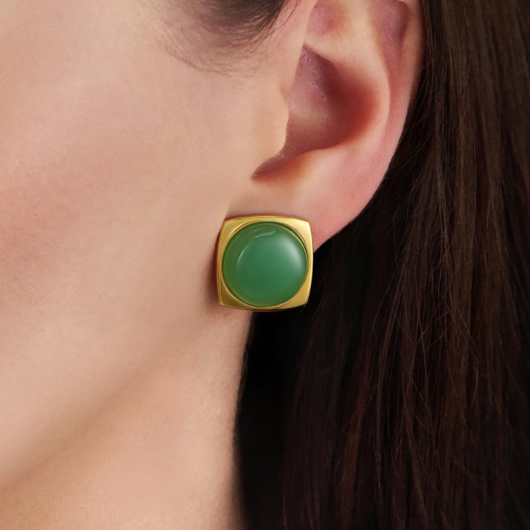 Traveller Ohrclips - Damen - 22kt Vergoldet - Aventurin Edelstein - 16mm - Grün - 18x18mm - 114356