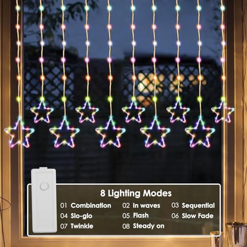 Image of MoonlitDreams Fairy Star Curtain LED String Light 10 Diyas 96 LED 3 Meter Plug in Decorative Lighting with 8 Modes for Window Curtain Home Festival Party Decor