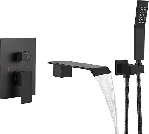 Grifo de bañera en cascada con ducha de mano, negro mate, relleno de bañera con boquilla de cascada, juego de grifo de ducha de una sola manija con disponible en Yaxa Peru