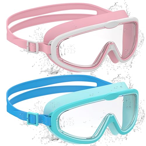 Ambienden 2 Pcs Occhiali Nuoto Bambini, Anti-Fog con Visione Chiara, Protezione UV, Guarnizione in Silicone, Telaio Grande Occhiali da Nuoto Unisex per Bambini da 6 a 14 anni, Pink＆White + Cyan Blue