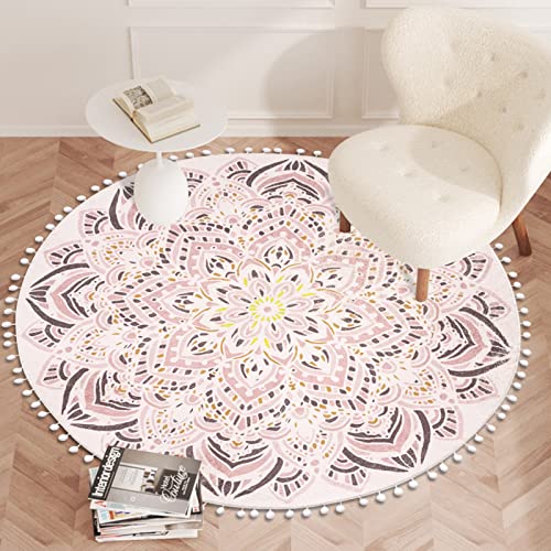 Ustide Soft Round Rug For Bedroom Pink 4' Circle Area Rug With Pom Pons Boho Washable Throw Rugs Non-Slip Soft Floor Mats For Entryway Laundry Living Room Kids Room Nursery cover