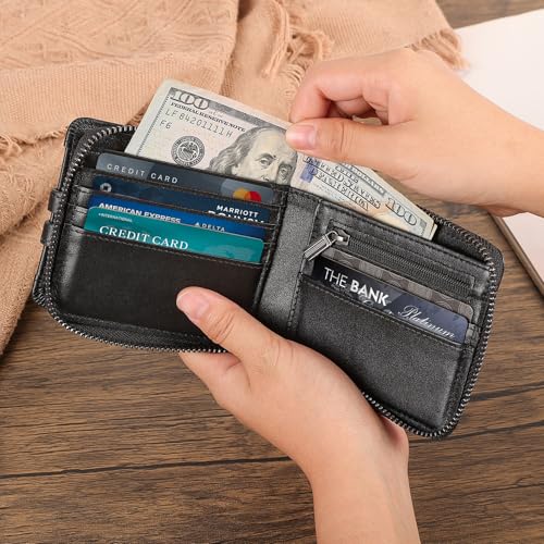 Image of Polare Napa Leather Bifold Wallet for Men RFID Blocking Card Case with AirTag Slot and YKK Zip Coin Pocket (Black)