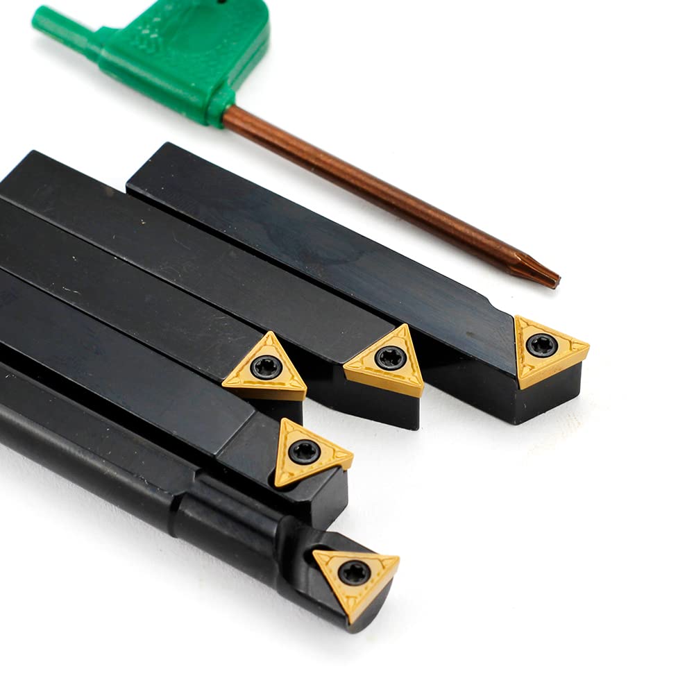 OSCARBIDE 3/8" Shank Lathe Turning Tool Set, 5pcs (4 Carbide Tool Holders + 1 Boring Bar),Metal Lathe Tools with Carbide Inserts TCMT110204(TCMT21.51)