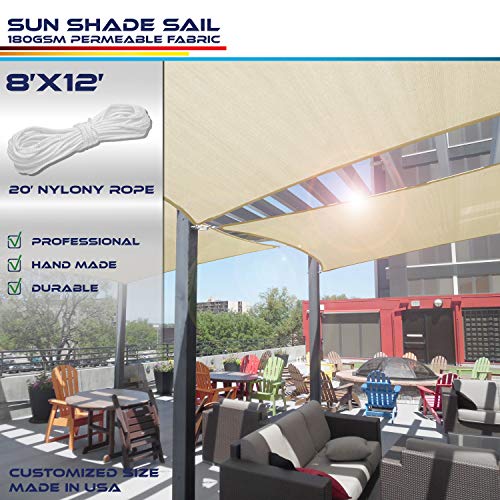 Windscreen4less 8' x 12' Rectangle Sun Shade Sail-Beige with White Strips Durable UV