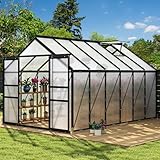 UPGRADED MATERIALS-8x12FT polycarbonate greenhouse is constructed using a reinforced aluminum alloy frame for enhanced sturdiness and load-bearing capacity; 4mm thick double-wall polycarbonate boards with UV protection, protect your plants and keep i...