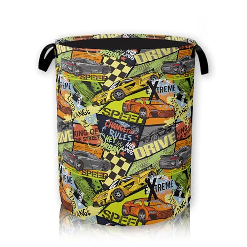 Funny Cars – Panier à linge rond imperméable avec poignée, grand coffre pliable en toile pour maison/dortoir/bureau/placard/étagère/paniers-cadeaux, 40,6 x 50,8 cm