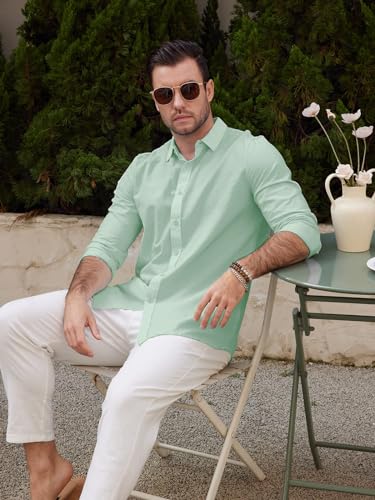 Friptspyg Leinenhemd Herren Hemd Langarm Baumwolle Leinen Hemden Button-Down Freizeithemden Casual Regular Fit Sommerhemd, Mintgrün XL 2