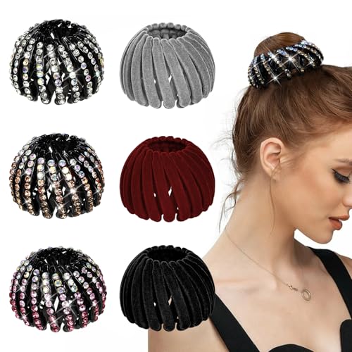 DIQIUREN 6 PCS Expandable Birds Nest Hair Clip Accessories for Women and Girls 3 PCS Rhinestone Bird Nest Magic Hair Clip for Ponytail Holder and 3 PCS Fixed Velvet Birds Nest Hair Clips for Women