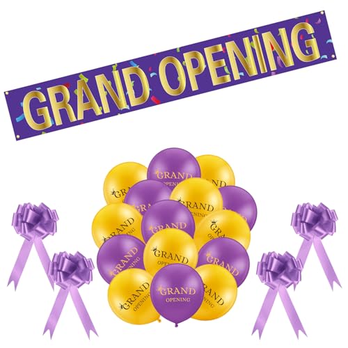 Image of Mixweer Grand Opening Ribbon Cutting Ceremony Kit Grand Opening Banner Decorations with 10'' Scissors 40 Pcs Balloons Satin Ribbon Bows and More Supplies for Business Events (Purple Gold)
