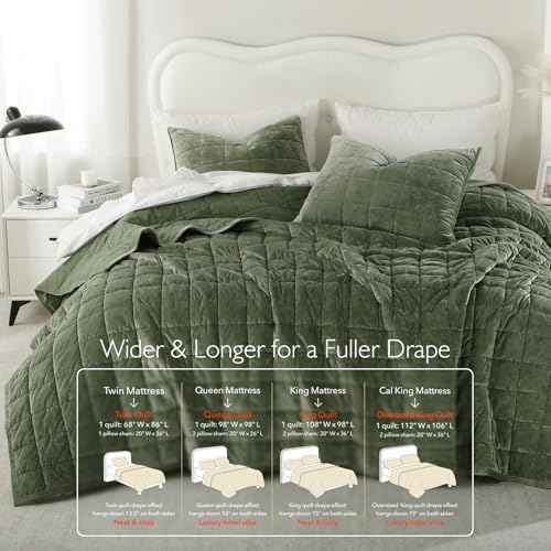 KASENTEX Greek Velvet Queen Quilt Set, 3× Softer Luxe Sheen, 100% Cotton Backing, 150GSM Down-Alternative Fill, Expanded 98×98" Coverage for Fuller Side Drape (1 Quilt + 2 Pillow Shams), Loden Green by KASENTEX - Image 6