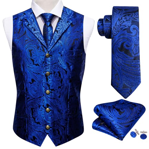 Image of Barry.Wang Mens Silk Lapel /Shawl Collar Vest Tie Sleeve Holder Set Formal /Casual Paisley Vests Wedding Tuxedo Waistcoat