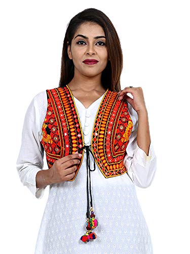 Image of Craft Trade Women's Cotton Embroidered Kutchi Jacket with Tassels Sleeveless Mirror Work