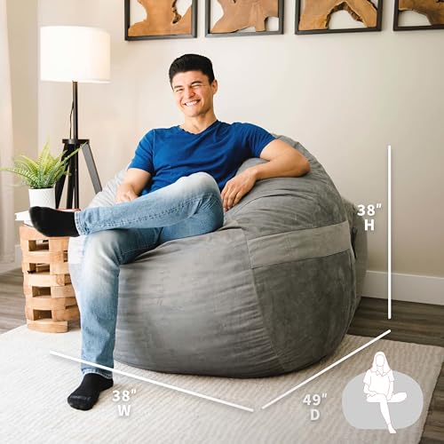 Big Joe Fuf Large Foam Filled Bean Bag Chair with Removable Cover, Gray Plush, Soft Polyester, 4 feet Big - Image 4