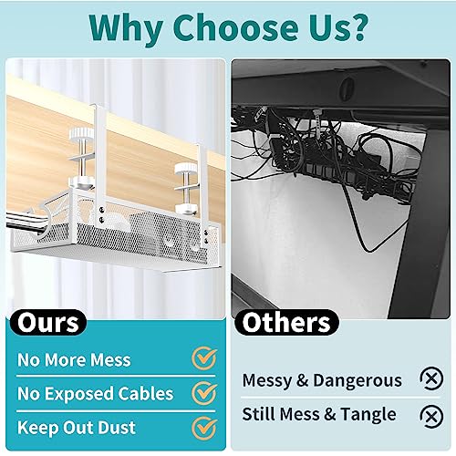 Under Desk Cable Management Tray White, No Drill Desk Cable Management Organizer with Clamp for Desk Wire Management, PC Cord Organizer Accessories & Workspace Organizers for Office, Home - Thumbnail 5
