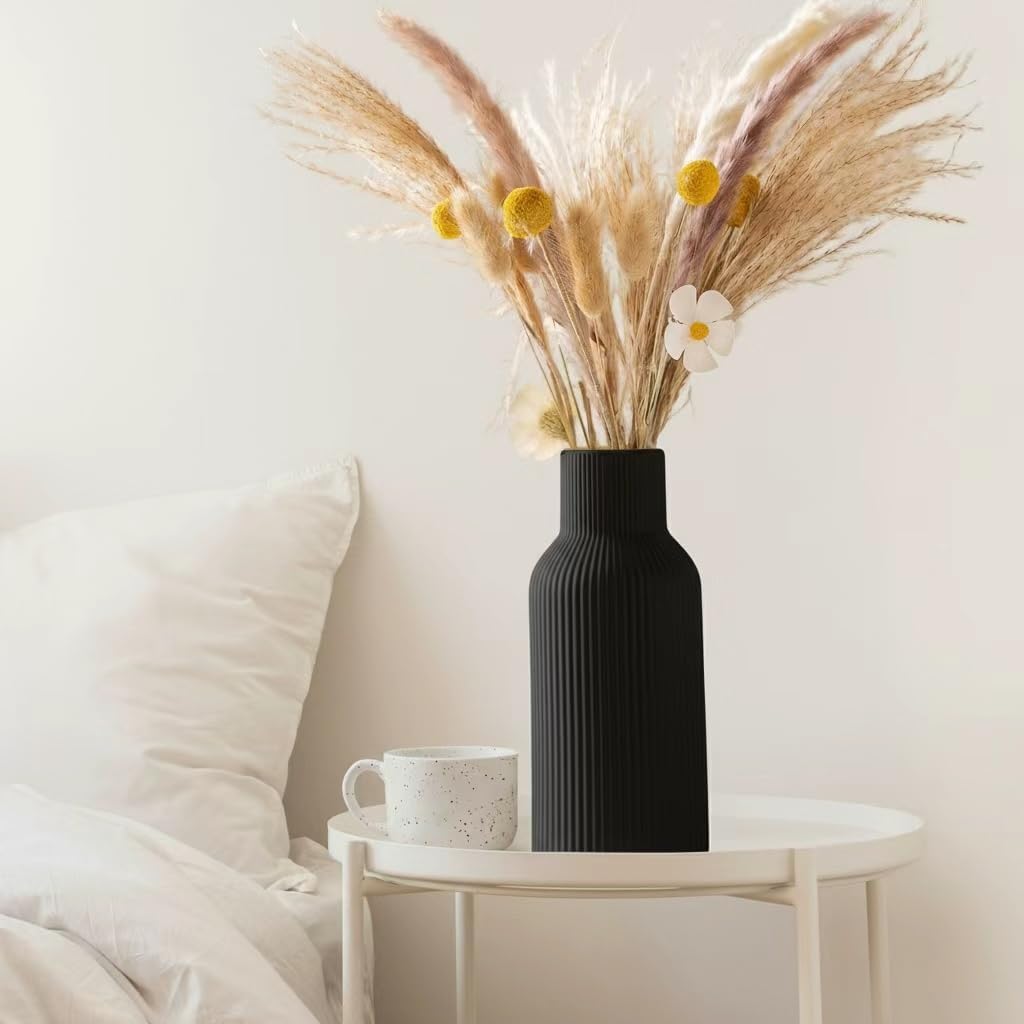 Glossy Black Ceramic Vases Set of 3 - Modern Ribbed Vases for Fresh Flowers & Pampas Grass - Minimalist Decorative Centerpieces for Coffee Table, Mantle, Entryway & Office
