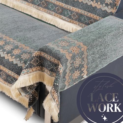 Image of Elegant Woven Grey Sofa Cover - Soft Chenille Traditional Pattern with Lace Style | L-Shape Sectional Seat Protector for Living Room | Durable & Stylish Slipcover 7 Seater with Arms