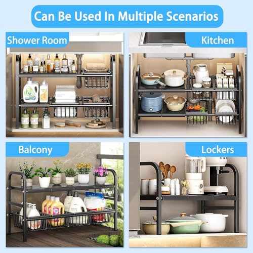 Image of Hukimoyo 2 in 1 Under Sink Storage Organizer 2-Tier Kitchen Organizer Shelf Expandable 54-98cm Kitchen Over Sink Dish Drying Rack with Utensil Holder Stand Space Saving Rack for Counter