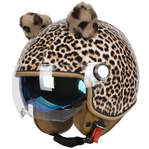 QUICKOOL Vintage Glossy PU Leather 3/4 Motorcycle Helmet, DOT Certified Open Face Helmets with Dual Visor,Half Face Moped Helmet for Cruiser Scooter