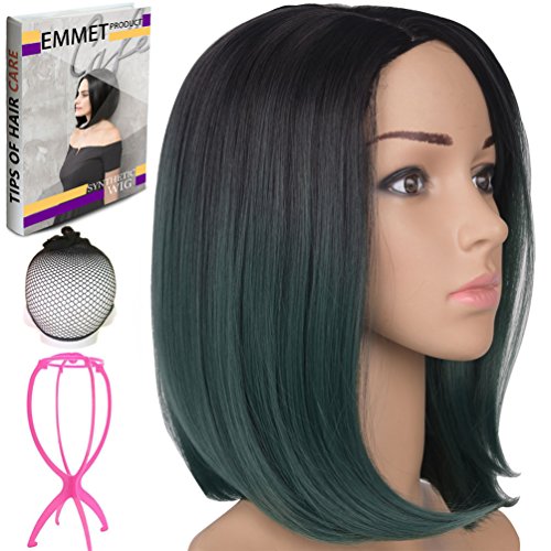 Emmet Short Bob Wig 12" Shoulder Length Soft Silk Synthetic Kanekalon Dark Roots Ombre Color Women’s Wigs with Free Wig Cap & Free Wig Stand Holder & Free Ebook (Black & Dark Green)