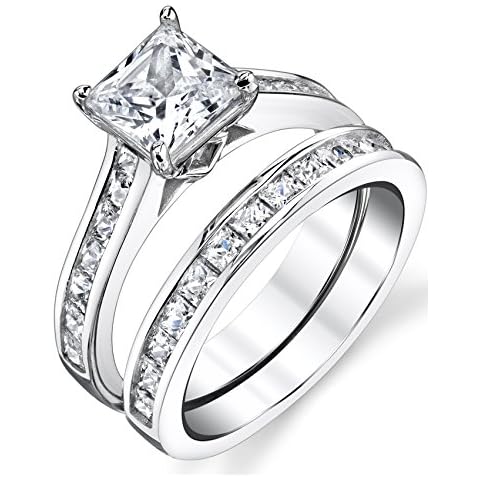1.5 Carats Sterling Silver Cubic Zirconia Bridal Set Engagement Wedding Ring Bands Princess Cut Cover
