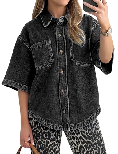 トップス DIANTE LEATHER POCKET DENIM LOOSE SHIRTS Amazon.com: POTILI Denim Top for Women Short Sleeve Jean Shirt