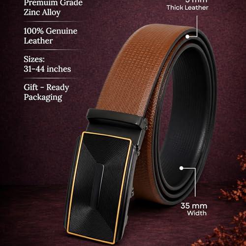 Image of THE MEN THING Mens 100% Genuine Leather Belt - SIGNORA Micro-Grain, RYZOR Chevron Auto-Lock Buckle (Brown & Black Reversible)