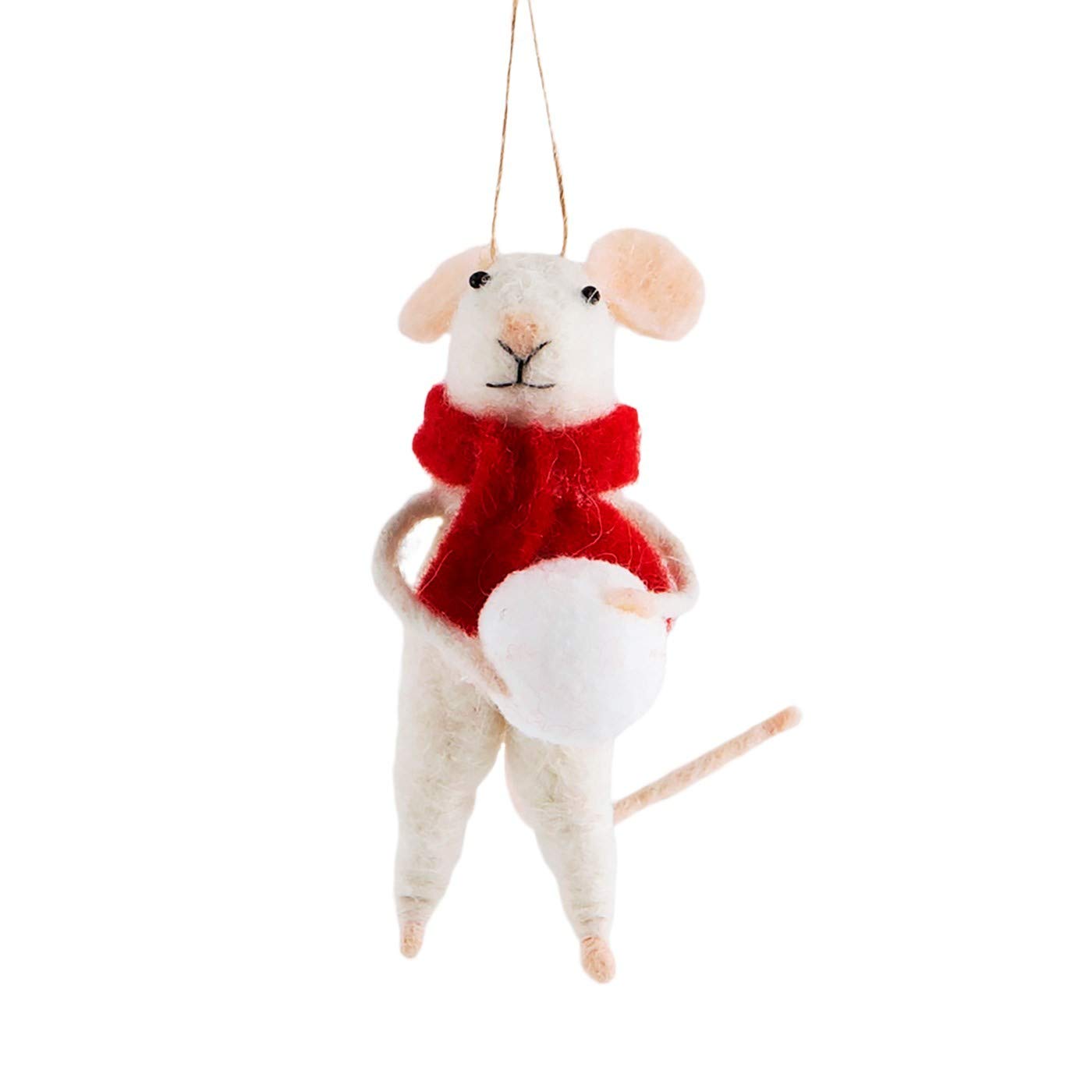 Sass & Belle Cream/Red Traditional Mouse With Snowball Hanging Decoration
