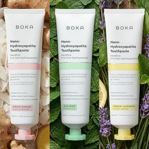 Image of Boka Fluoride Free Toothpaste, Nano Hydroxyapatite Toothpaste, Appropriate for Sensitive Teeth - for Adult Oral Care - Ela Mint, Coco Ginger, Lemon Lavender Flavor, 4 Fl Oz 3Pk