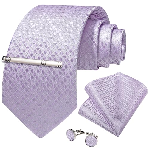 Image of DiBanGu Mens Silk Plaid Tie and Pocket Square Set | Elegant Silk Formal Tie Set, Woven Check Necktie and Cufflinks Tie Clip Set, Perfect for Wedding Party, Comes in Gift Box