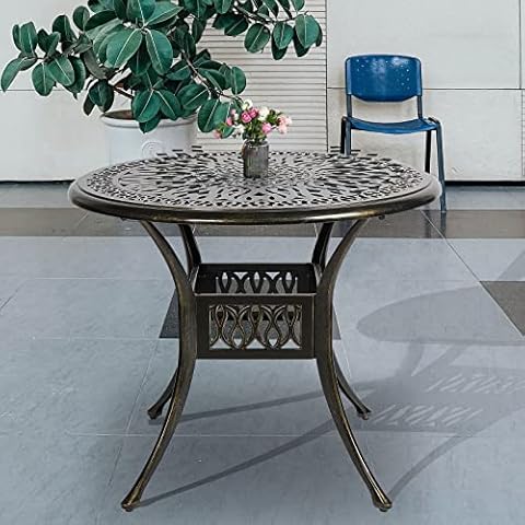 SOCIALCOMFY 35.4 Inch Outdoor Dining Table Round Patio Table Bronze Cast Aluminum Rustic Large Table with Umbrella Hole Cover