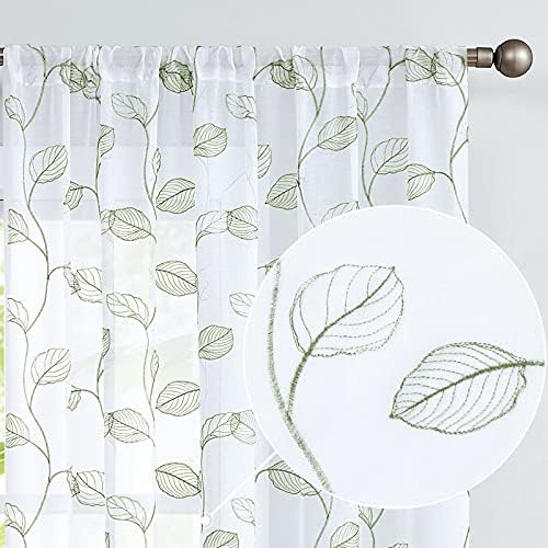 Topick Embroidered Sheer Curtains for Living Room Botanical Tile Sage Window Curtains Leaf Geometric Semi-Sheer Drapes for Bedroom Pole Top 2 Panels 63 inch