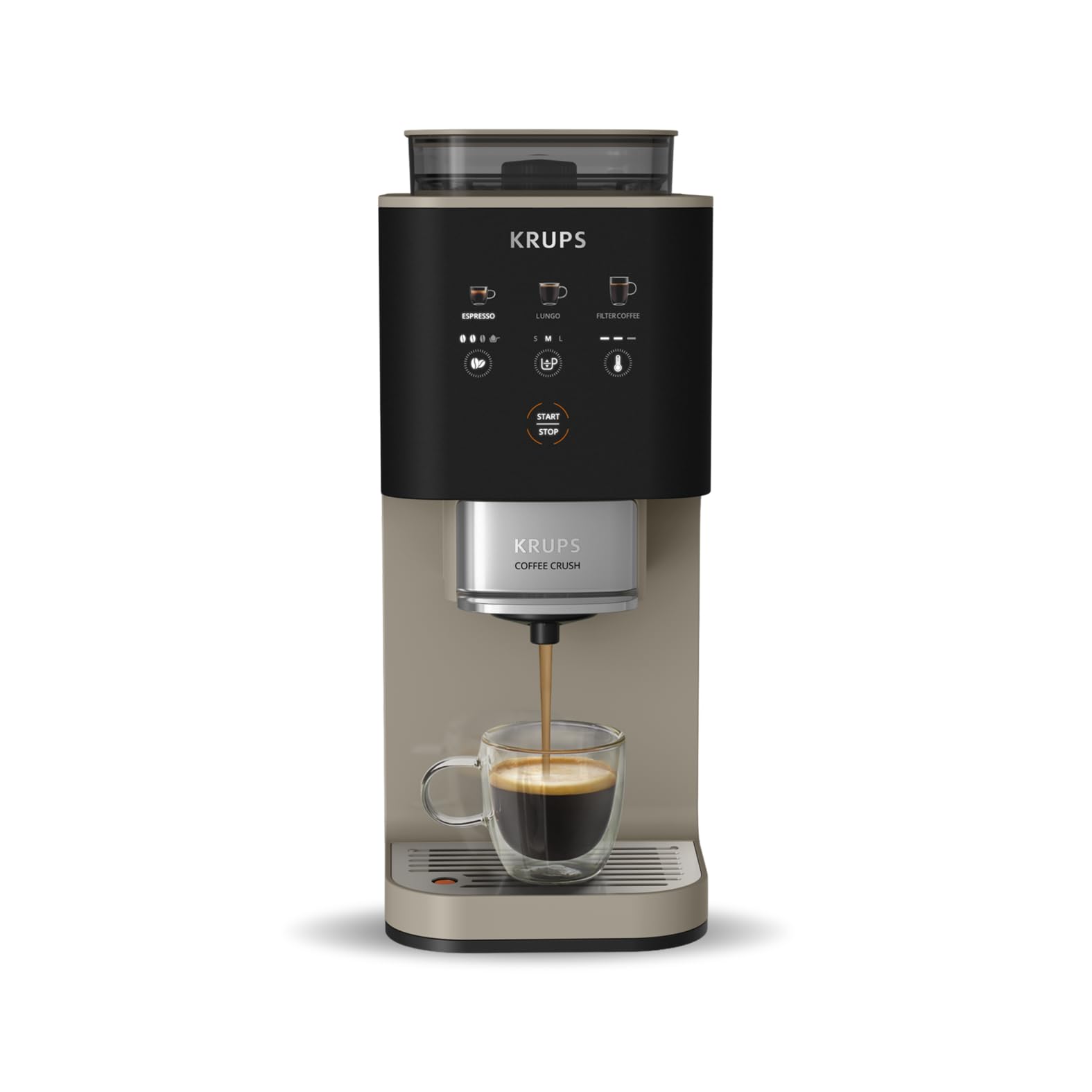 Krups Coffee Crush SA402AE0 Ekspres do kawy ciśnieniowy kolbowy z młynkiem, młynek ze stali nierdzewnej, tylko 15 cm szerokości, inteligentny panel sterowania, ciśnienie 15 barów
